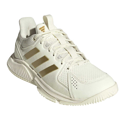 White-Gold - Pack Shot - Adidas Womens-Ladies 3 Stripes Low Cut Netball Trainers