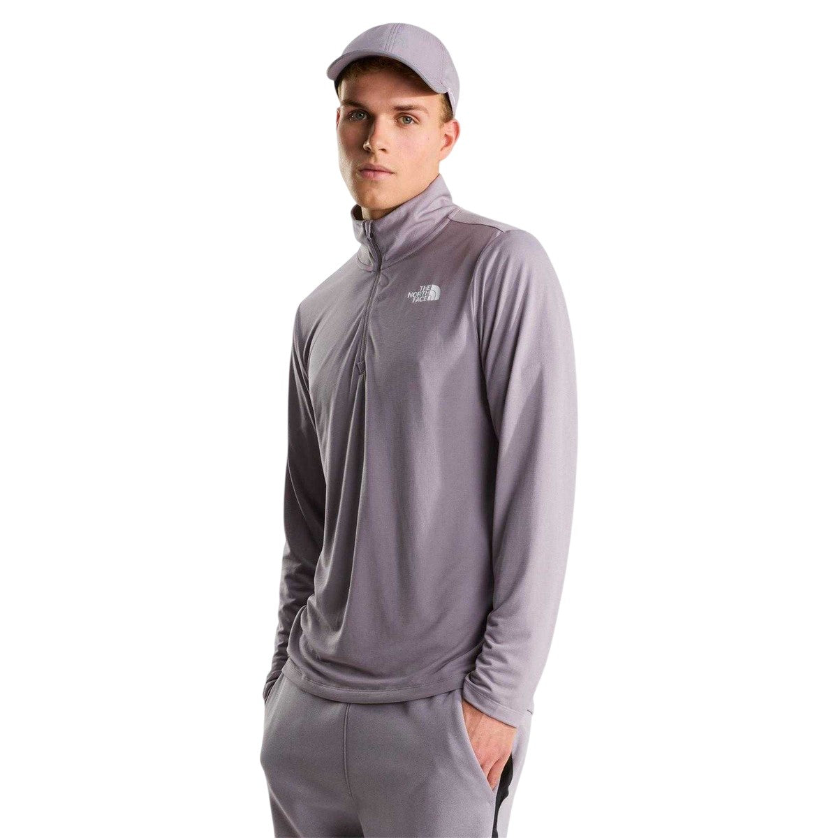 Grey - Side - The North Face Mens Logo Quarter Zip Long-Sleeved T-Shirt