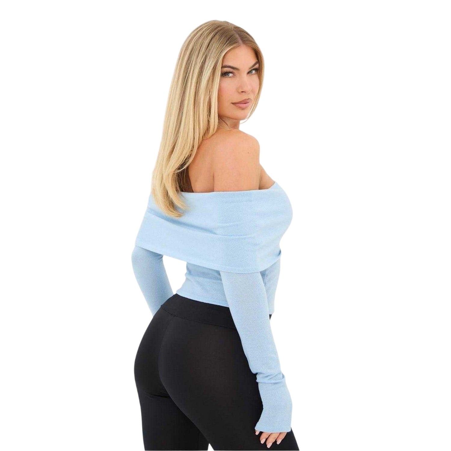 Blue - Back - I Saw It First Womens-Ladies Jersey Fitted Long-Sleeved Bardot Top