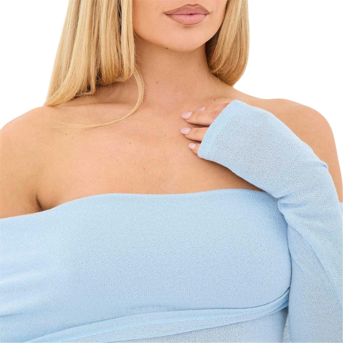 Blue - Side - I Saw It First Womens-Ladies Jersey Fitted Long-Sleeved Bardot Top