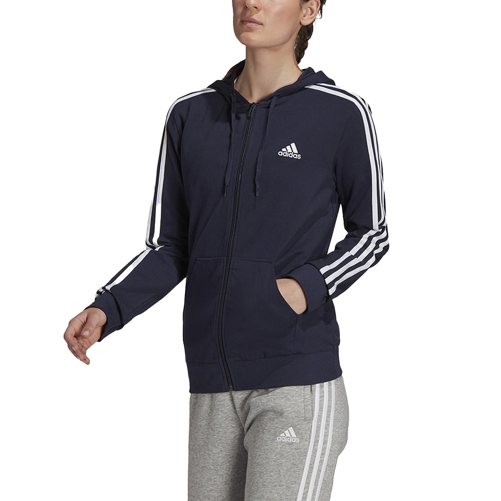 Navy-White - Side - Adidas Womens-Ladies Essentials Triple Stripe Full Zip Hoodie