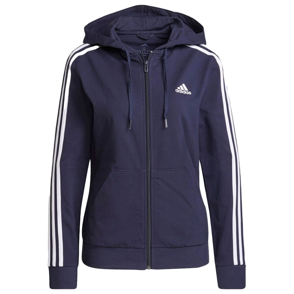 Navy-White - Front - Adidas Womens-Ladies Essentials Triple Stripe Full Zip Hoodie