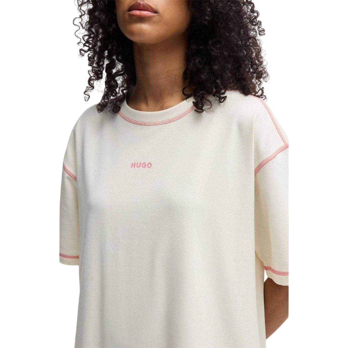 Natural - Side - Hugo Womens-Ladies Contrast Logo Cotton T-Shirt Dress