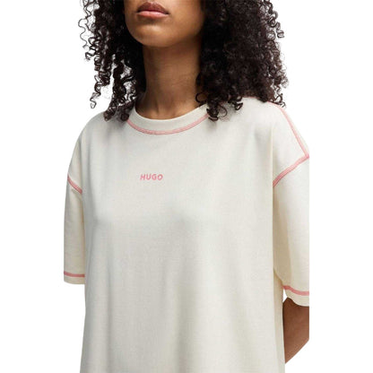 Natural - Side - Hugo Womens-Ladies Contrast Logo Cotton T-Shirt Dress