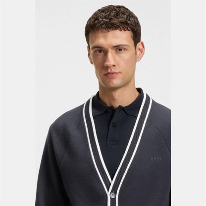 Dark Blue - Side - Boss Mens Contrast Detail Relaxed Fit Cardigan
