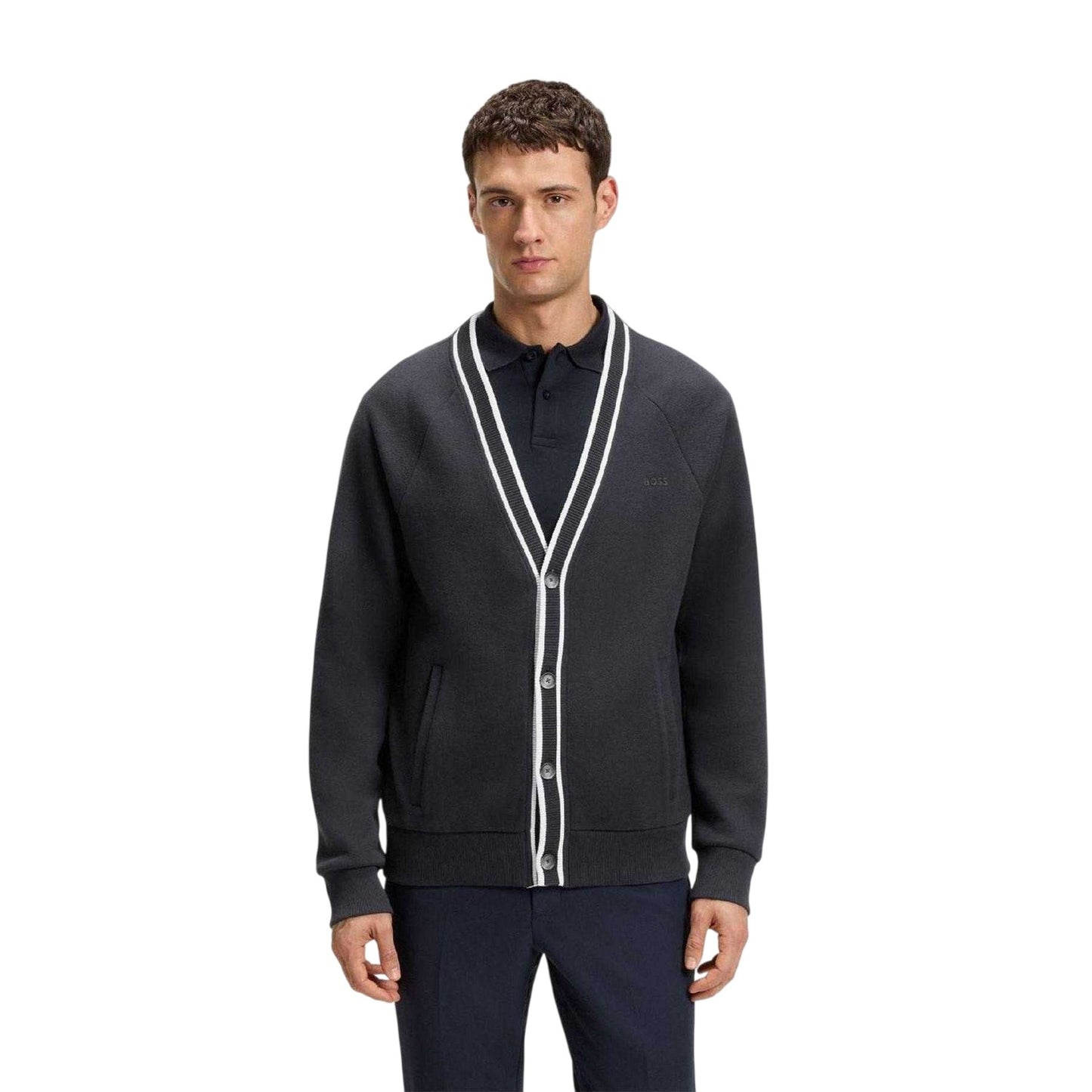 Dark Blue - Side - Boss Mens Contrast Detail Relaxed Fit Cardigan