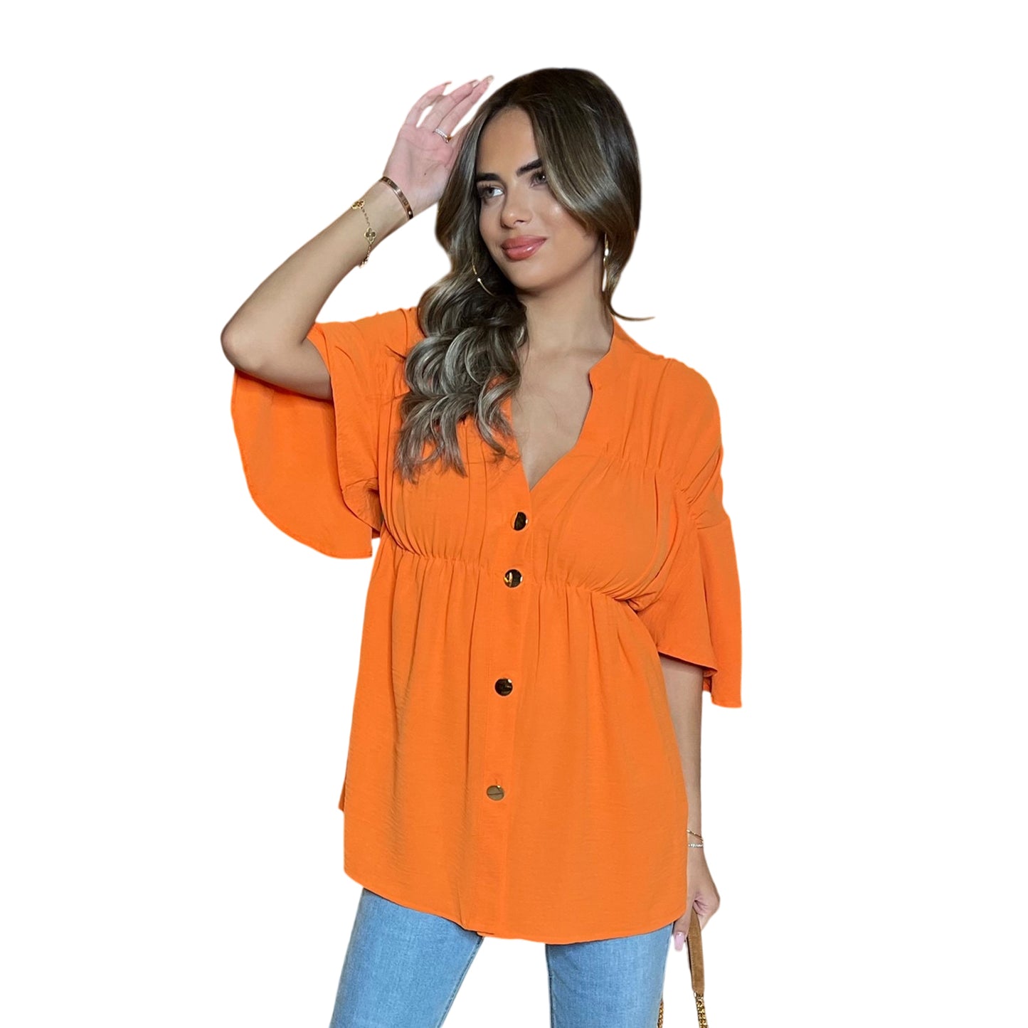 Orange - Back - AX Paris Womens-Ladies Ruched V Neck Smock Top