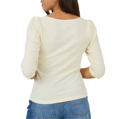 Cream - Back - Brave Soul Womens-Ladies Ribbed Square Neck Puff Sleeve Top