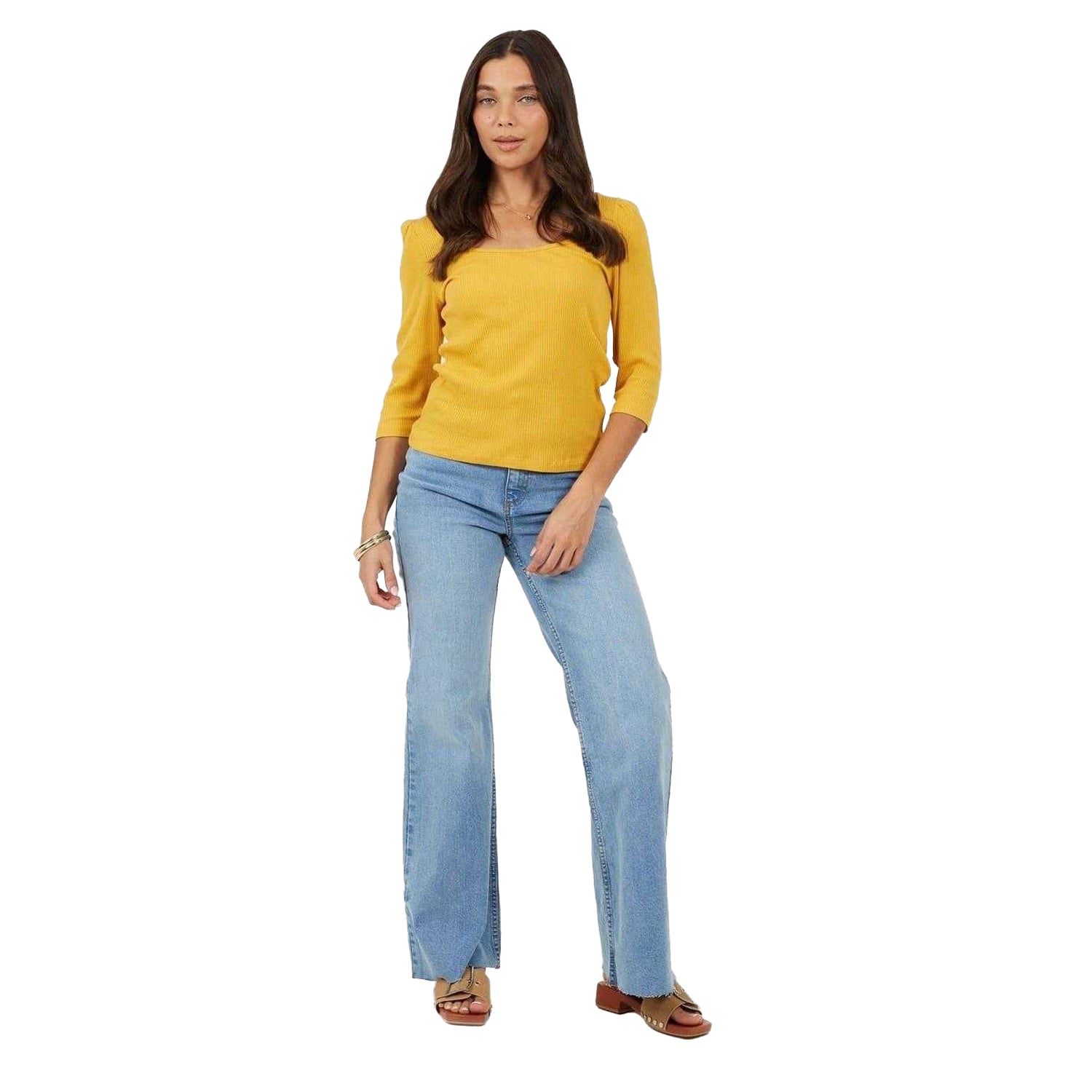 Sunflower - Lifestyle - Brave Soul Womens-Ladies Ribbed Square Neck Puff Sleeve Top