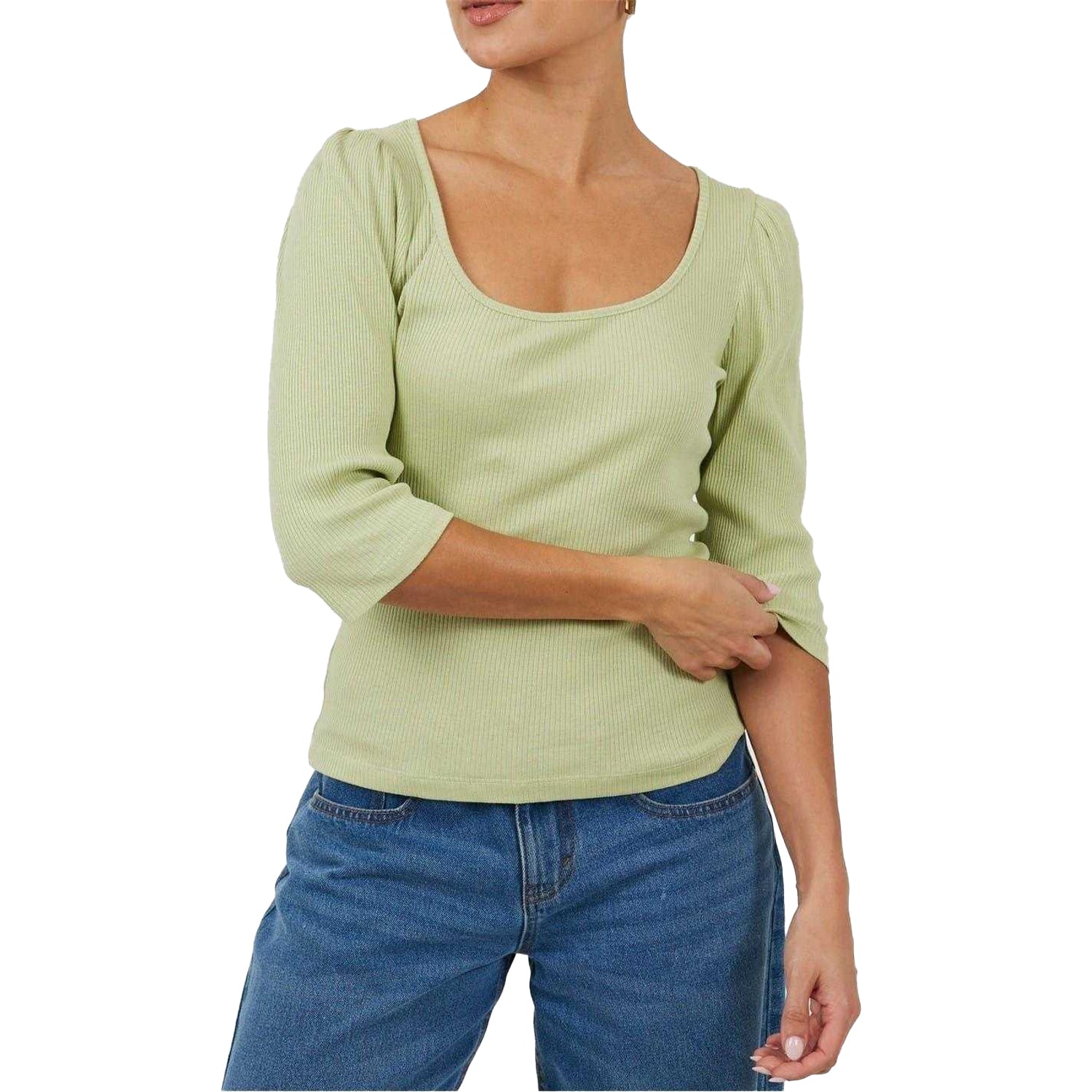 Sage - Front - Brave Soul Womens-Ladies Ribbed Square Neck Puff Sleeve Top