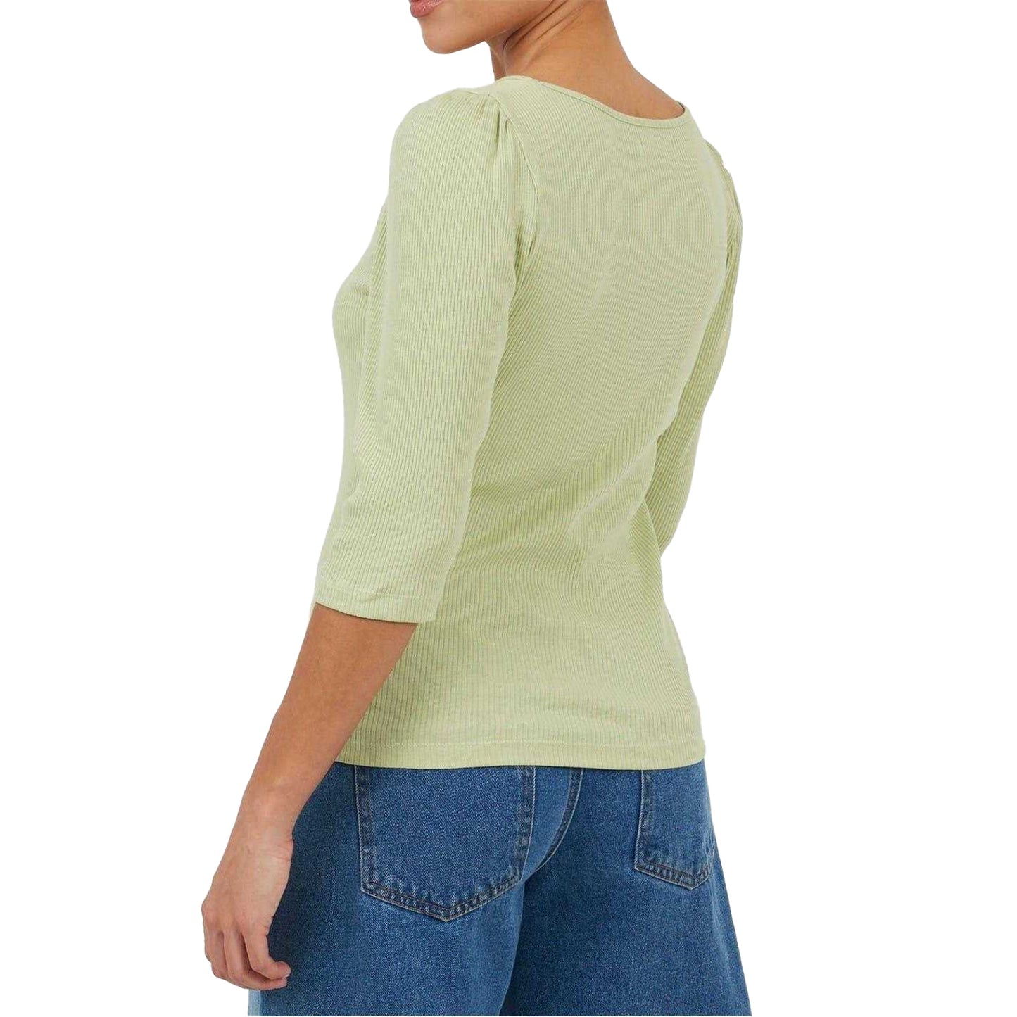 Sage - Back - Brave Soul Womens-Ladies Ribbed Square Neck Puff Sleeve Top