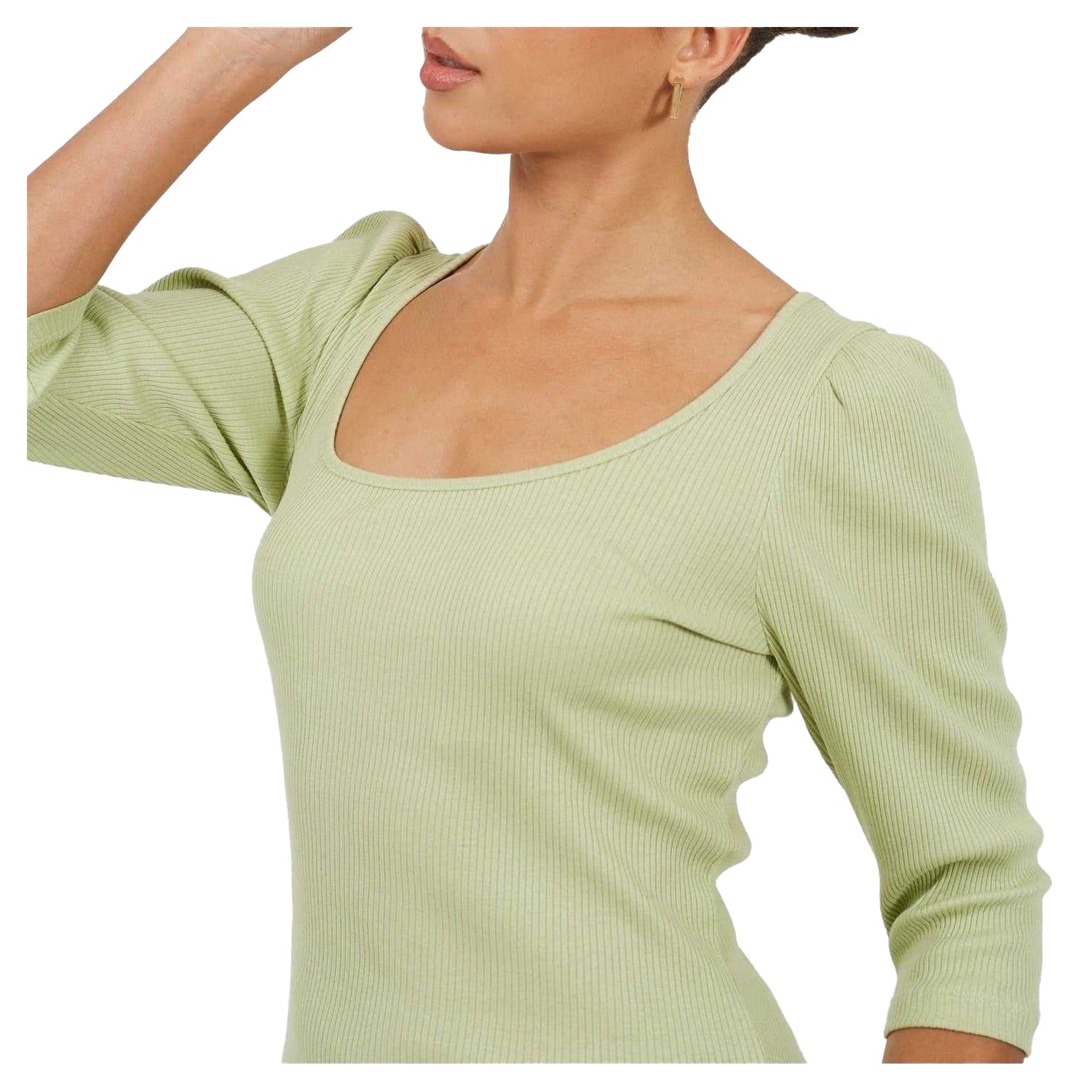 Sage - Side - Brave Soul Womens-Ladies Ribbed Square Neck Puff Sleeve Top