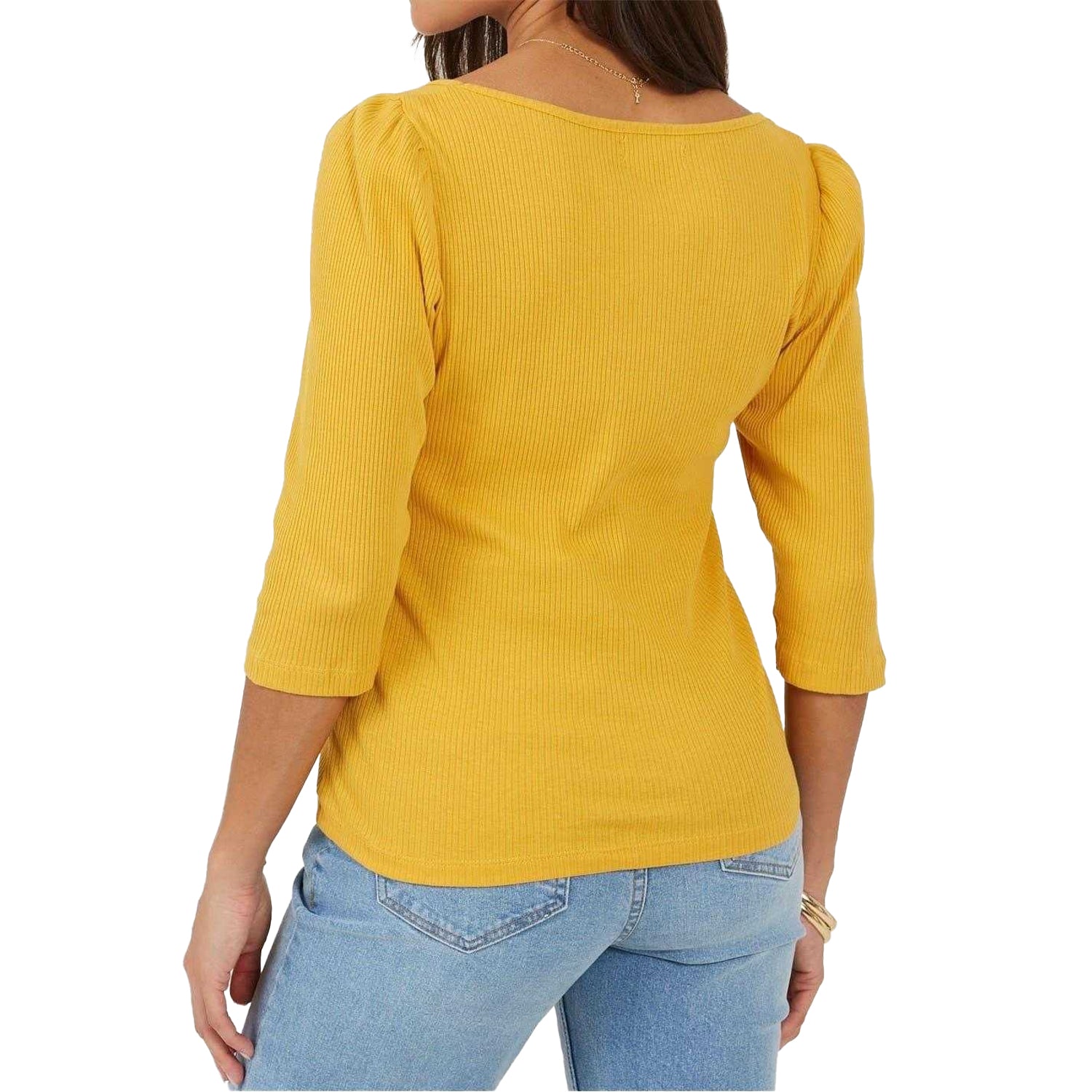 Sunflower - Back - Brave Soul Womens-Ladies Ribbed Square Neck Puff Sleeve Top