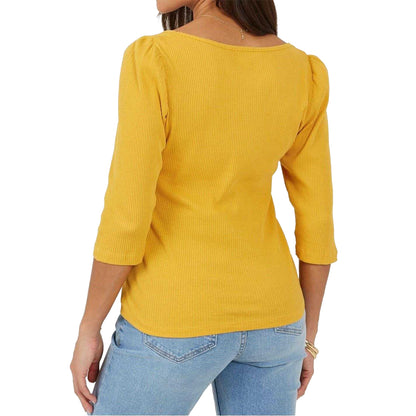 Sunflower - Back - Brave Soul Womens-Ladies Ribbed Square Neck Puff Sleeve Top