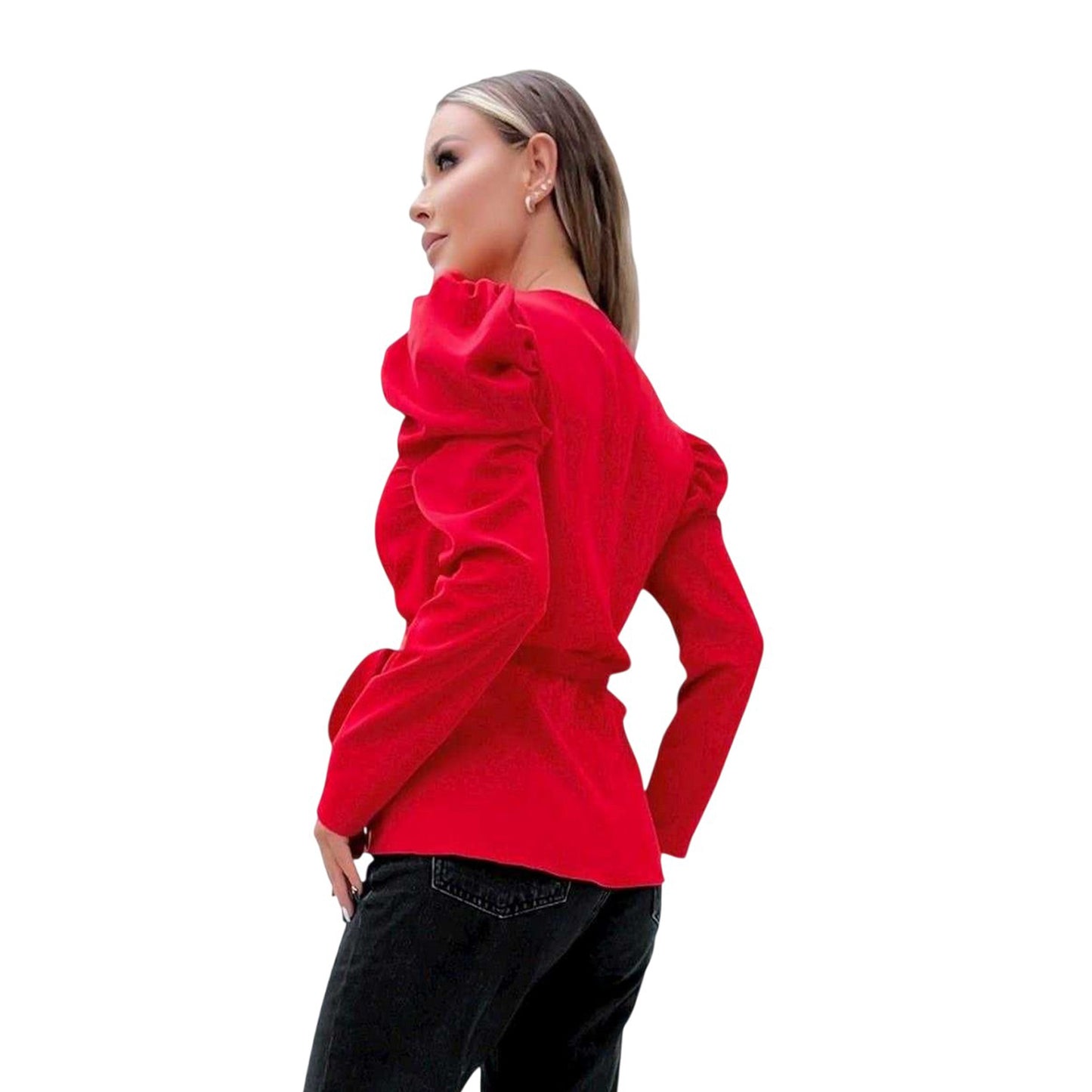 Red - Back - AX Paris Womens-Ladies Belted Puff Sleeve Wrap Top