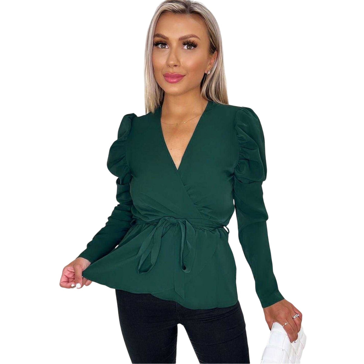 Teal - Front - AX Paris Womens-Ladies Belted Puff Sleeve Wrap Top