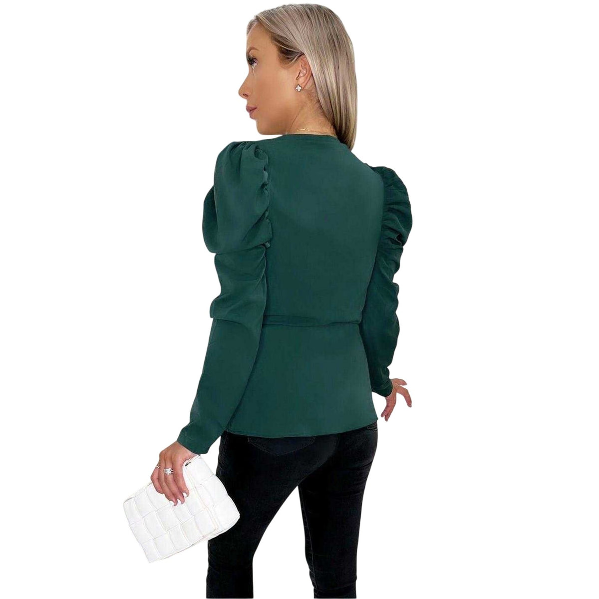 Teal - Back - AX Paris Womens-Ladies Belted Puff Sleeve Wrap Top