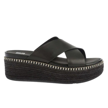 Black - Back - FitFlop Womens-Ladies Eloise Espadrille Cross Leather Wedge Heel Sandals