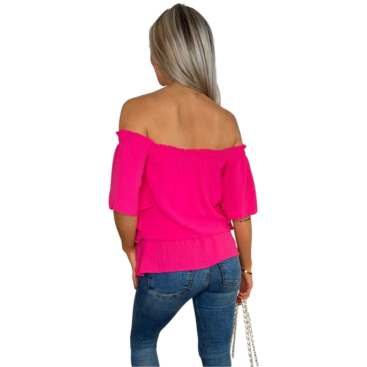 Hot Pink - Back - AX Paris Womens-Ladies Ruffle Hem Bardot Top