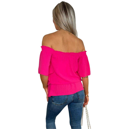 Hot Pink - Back - AX Paris Womens-Ladies Ruffle Hem Bardot Top