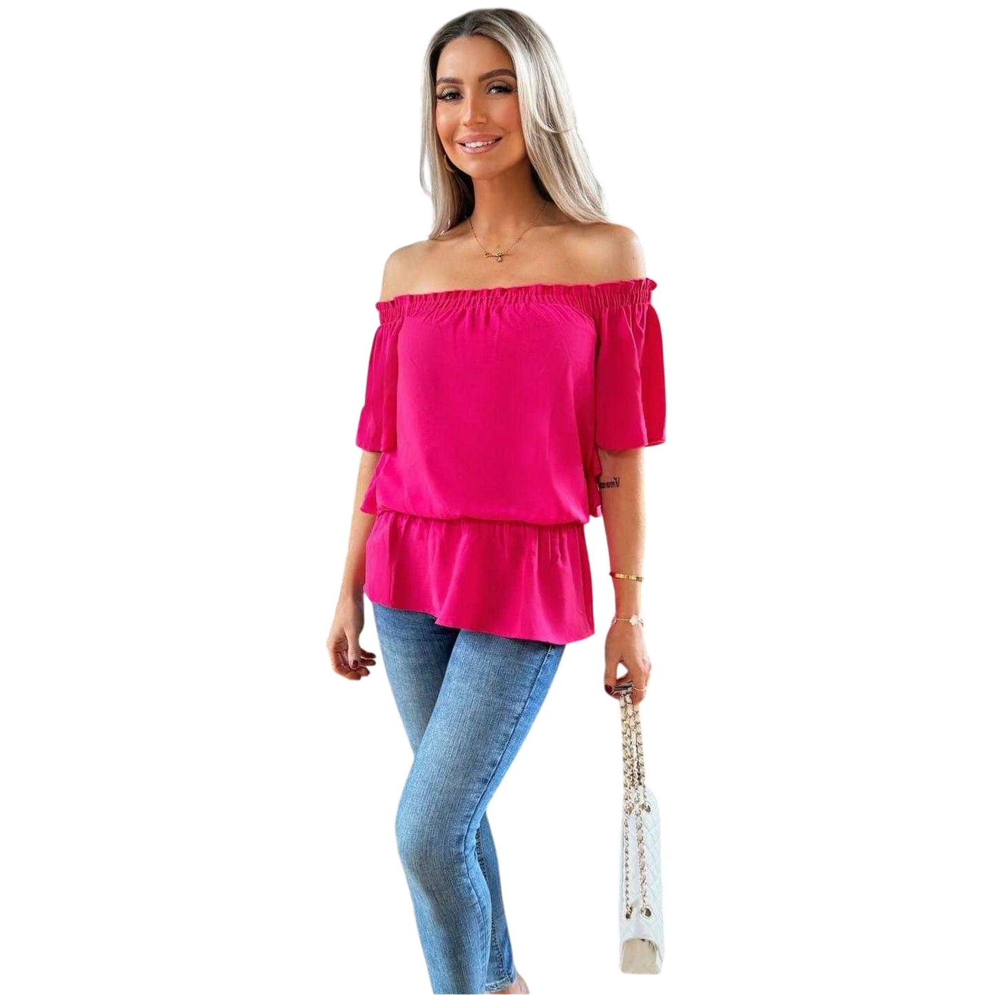 Hot Pink - Side - AX Paris Womens-Ladies Ruffle Hem Bardot Top