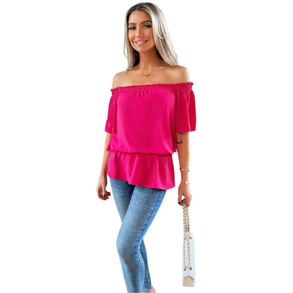 Hot Pink - Side - AX Paris Womens-Ladies Ruffle Hem Bardot Top