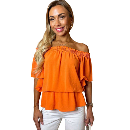Orange - Front - AX Paris Womens-Ladies Ruffle Hem Bardot Top