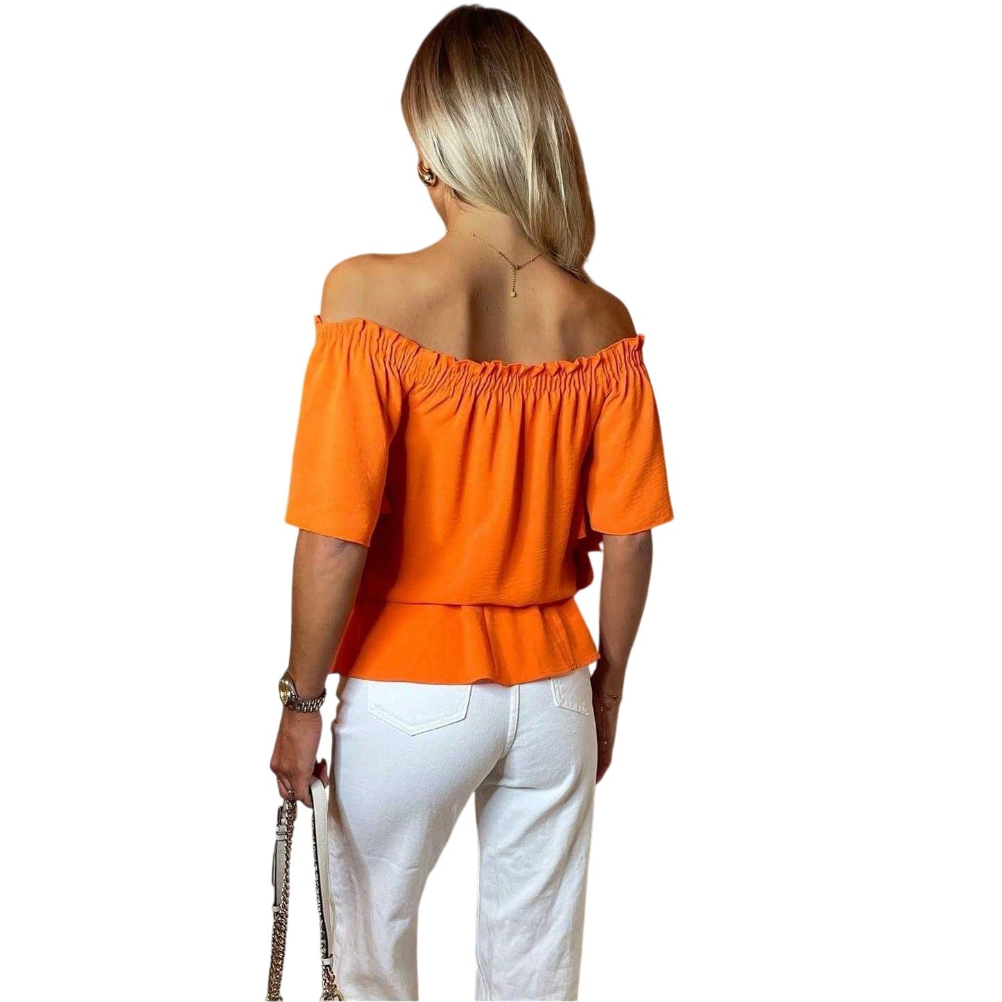 Orange - Back - AX Paris Womens-Ladies Ruffle Hem Bardot Top