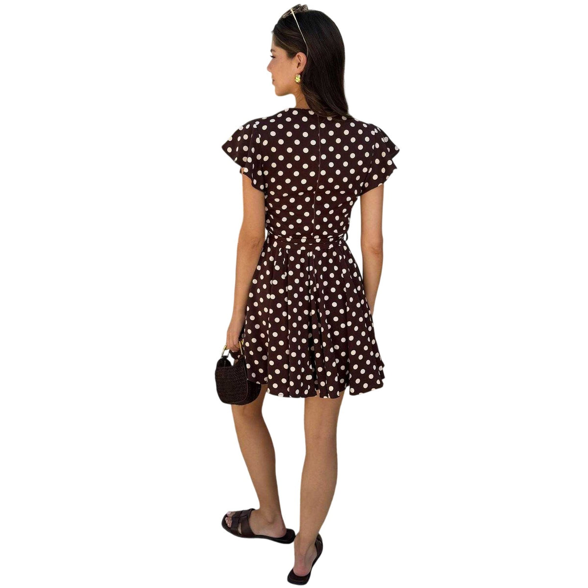 Chocolate - Back - AX Paris Womens-Ladies Polka Dot Mini Skater Wrap Dress