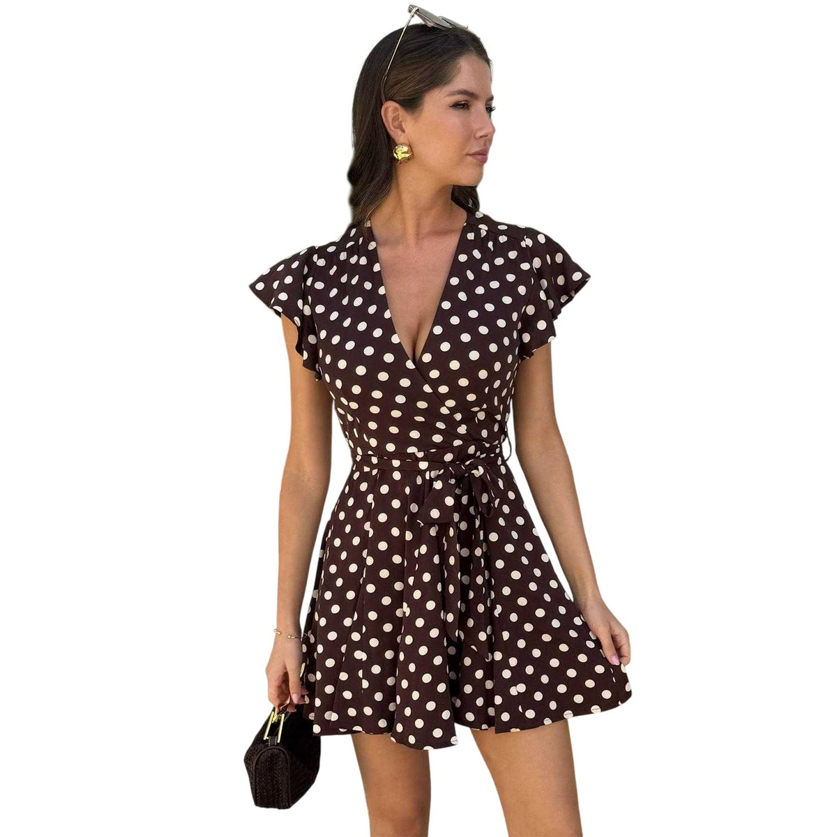 Chocolate - Front - AX Paris Womens-Ladies Polka Dot Mini Skater Wrap Dress