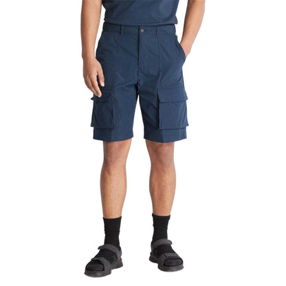Navy - Side - Timberland Mens Water Repellent Leather Badge Relaxed Fit Cargo Shorts