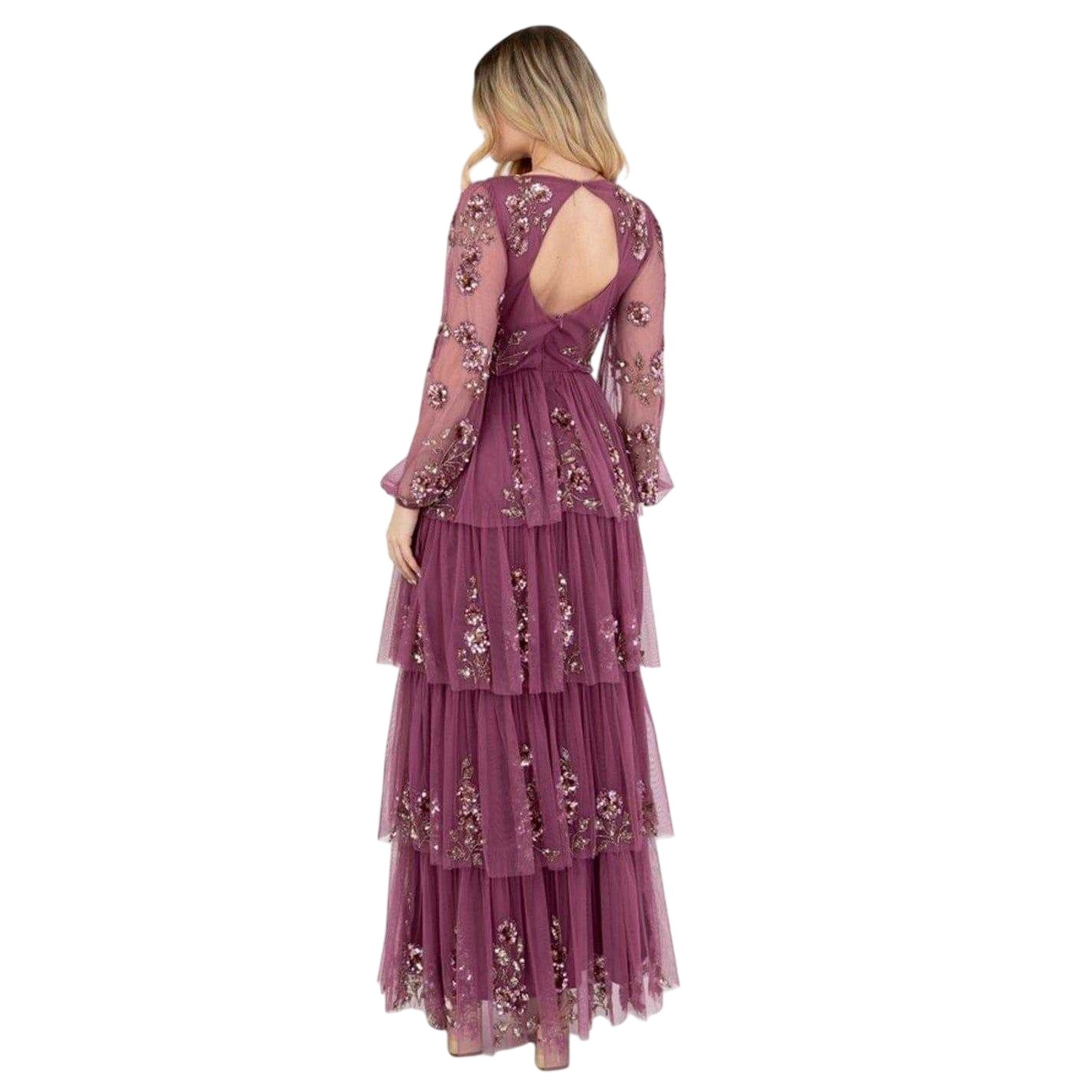 Rose - Back - Maya Deluxe Womens-Ladies Sequin Tiered Maxi Dress