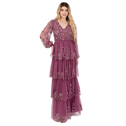 Rose - Front - Maya Deluxe Womens-Ladies Sequin Tiered Maxi Dress