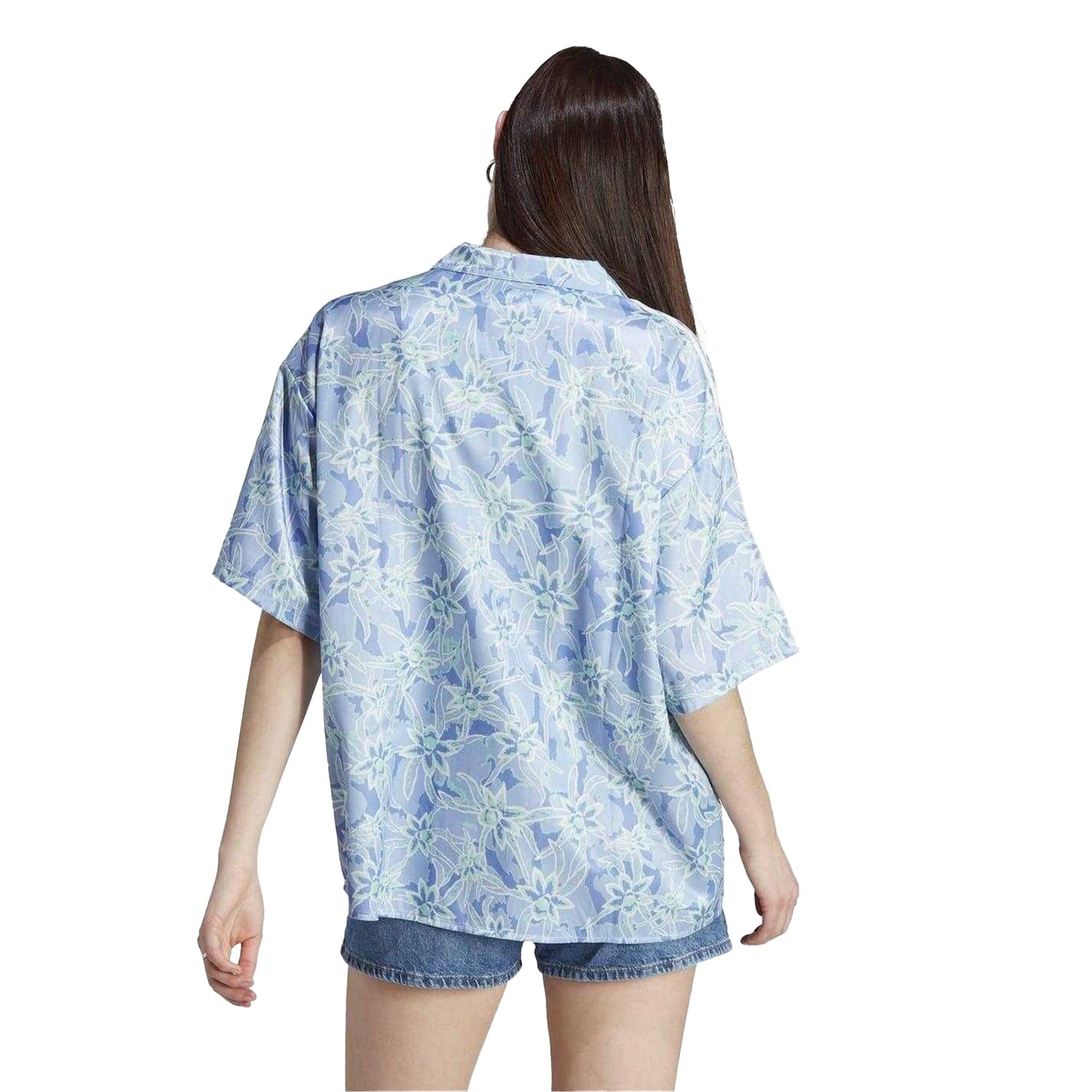 Blue - Back - Adidas Womens-Ladies Originals Floral Pattern Relaxed Fit Short-Sleeved Resort Shirt