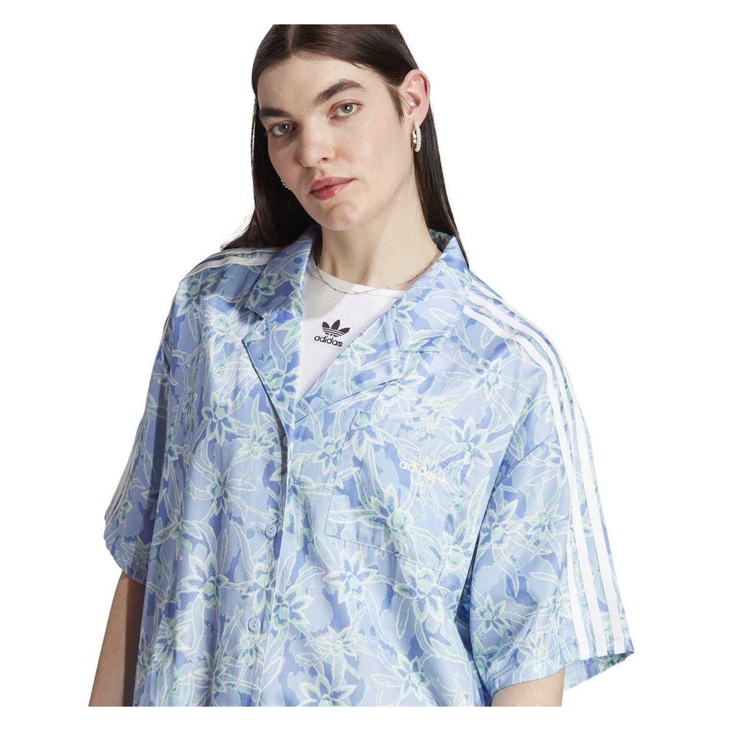 Blue - Side - Adidas Womens-Ladies Originals Floral Pattern Relaxed Fit Short-Sleeved Resort Shirt