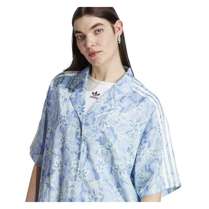 Blue - Side - Adidas Womens-Ladies Originals Floral Pattern Relaxed Fit Short-Sleeved Resort Shirt