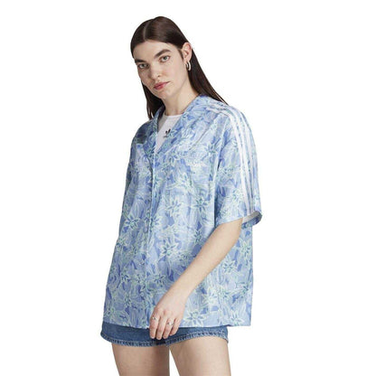 Blue - Lifestyle - Adidas Womens-Ladies Originals Floral Pattern Relaxed Fit Short-Sleeved Resort Shirt