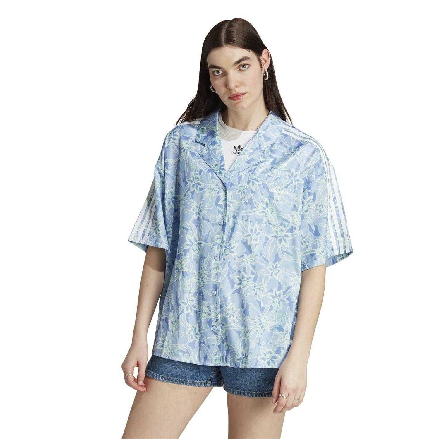 Blue - Pack Shot - Adidas Womens-Ladies Originals Floral Pattern Relaxed Fit Short-Sleeved Resort Shirt