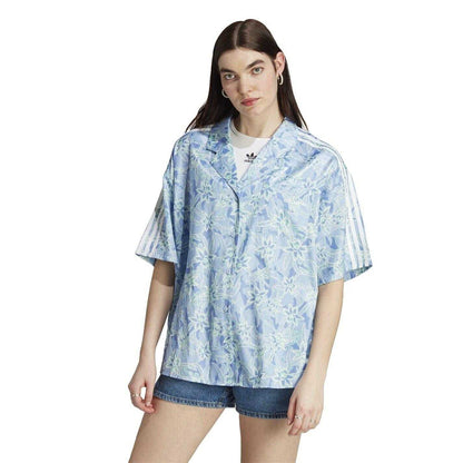 Blue - Pack Shot - Adidas Womens-Ladies Originals Floral Pattern Relaxed Fit Short-Sleeved Resort Shirt