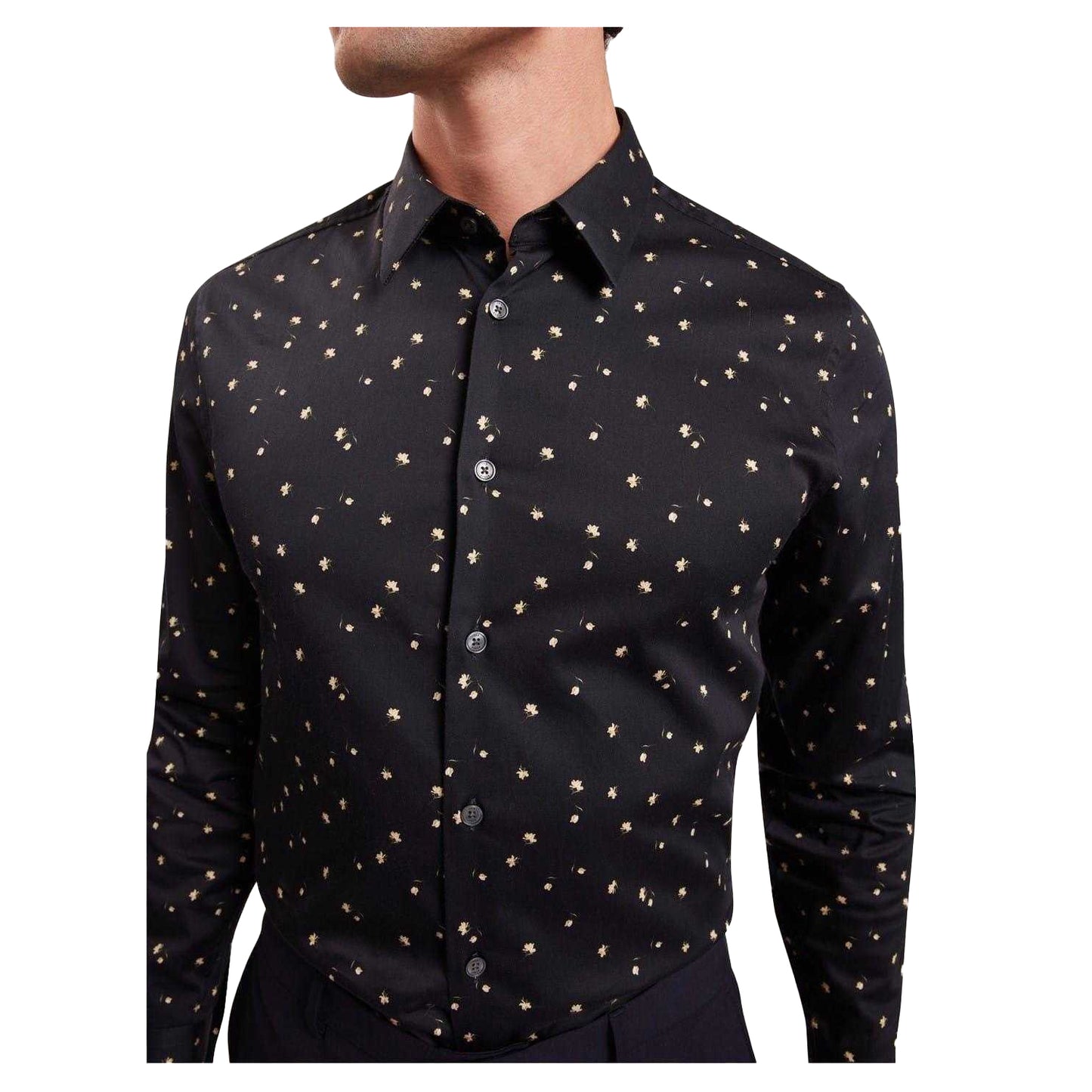 Navy - Side - Ted Baker Mens Floral Slim Long-Sleeved Shirt