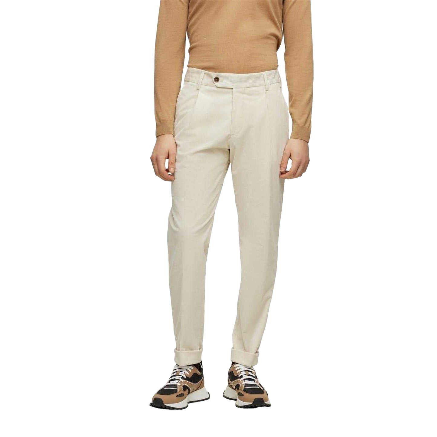 White - Front - Boss Mens Perin Pleated Roll Up Trousers