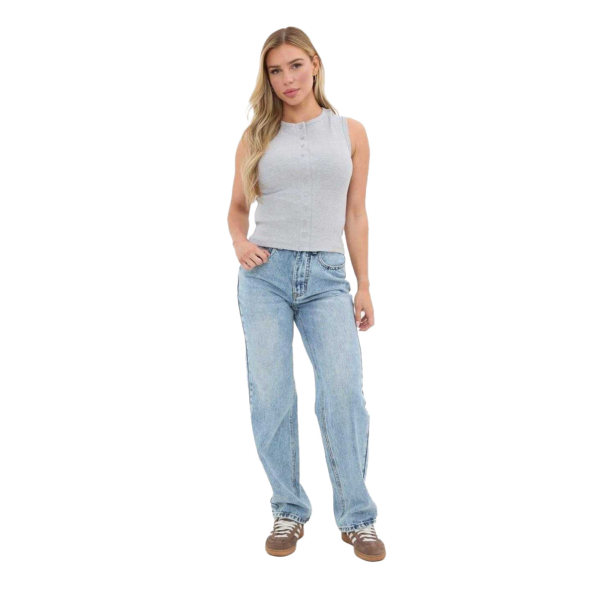 Grey Marl - Lifestyle - I Saw It First Womens-Ladies Button Front Fitted Sleeveless Crop Top