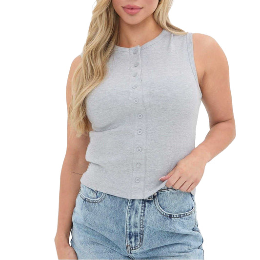 Grey Marl - Front - I Saw It First Womens-Ladies Button Front Fitted Sleeveless Crop Top