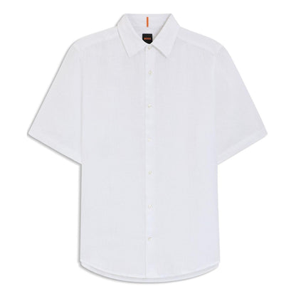 White - Front - Boss Mens Linen Short-Sleeved Shirt