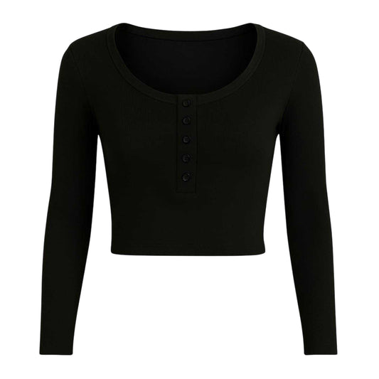 Black - Front - I Saw It First Womens-Ladies Ribbed Long-Sleeved Crop Top