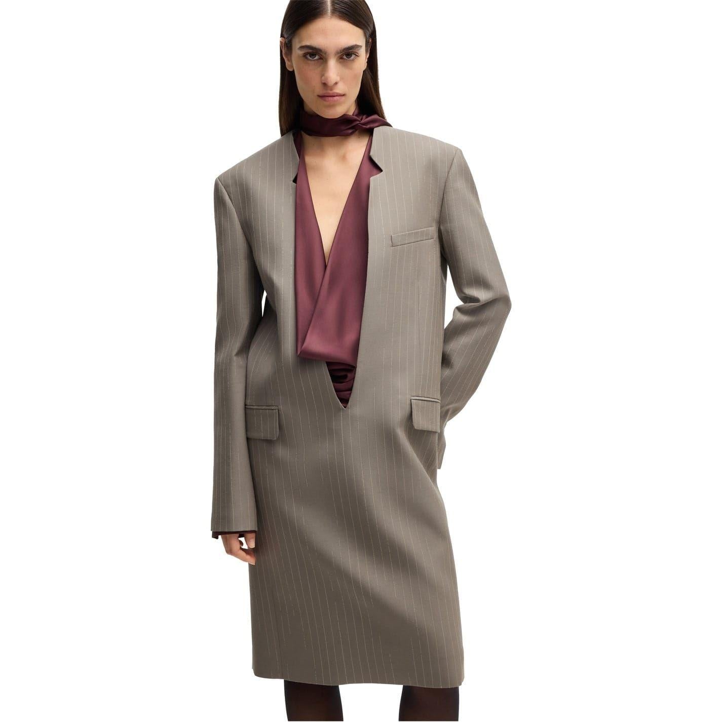 Grey - Pack Shot - Boss Womens-Ladies Davee Plunge Formal Blazer Dress