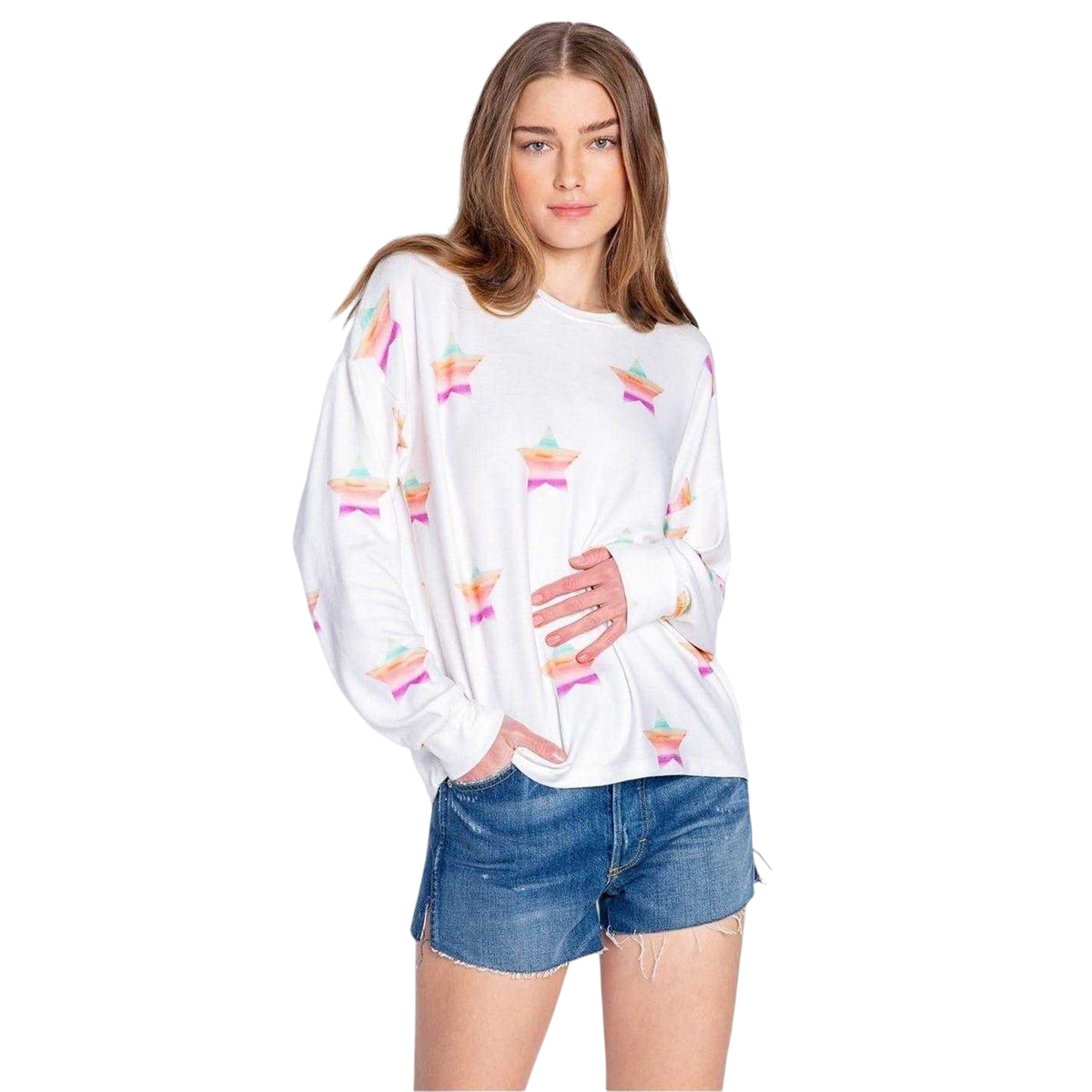Off White - Front - PJ Salvage Womens-Ladies Star Print French Terry Relaxed Fit Jumper