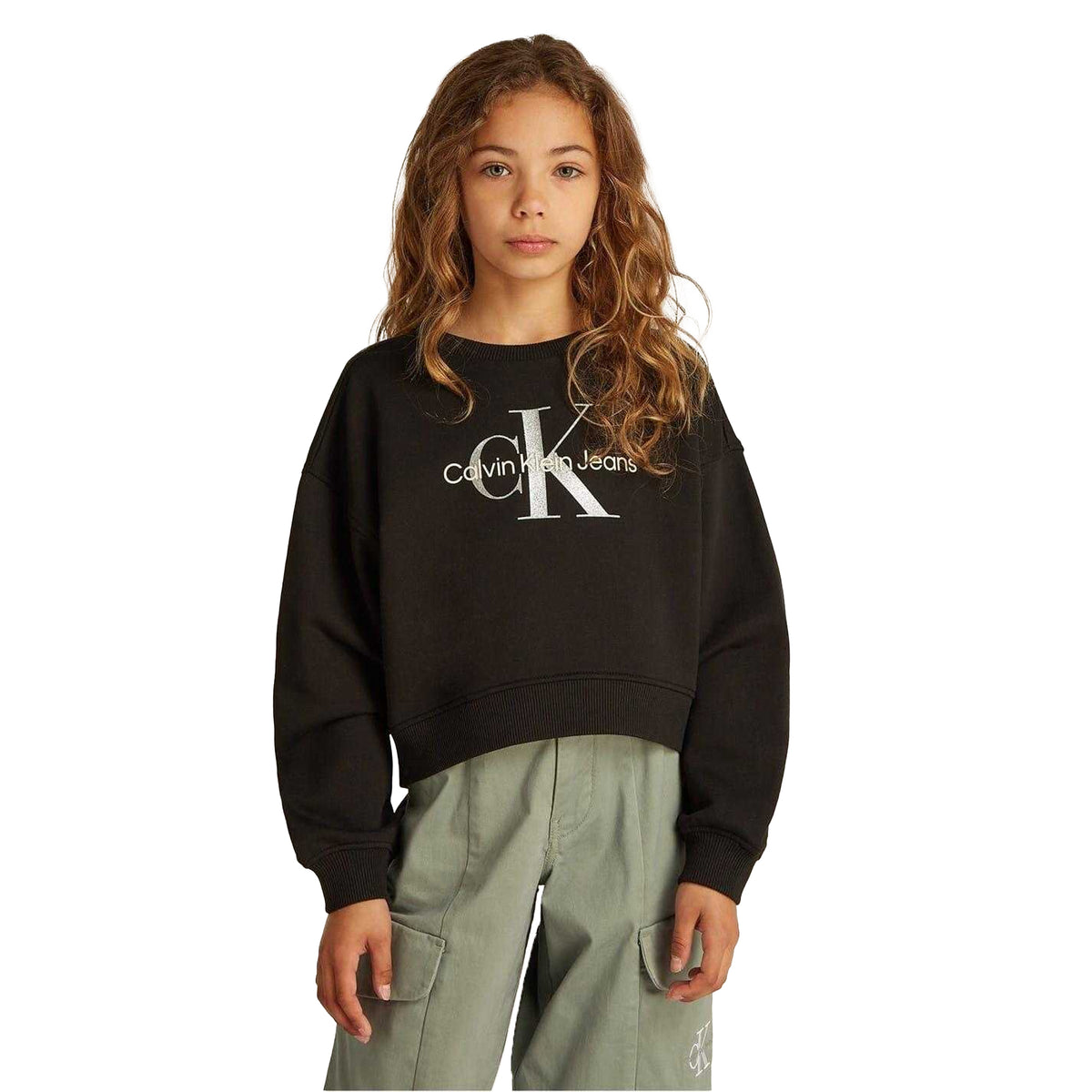 Black - Side - Calvin Klein Girls Jeans Ribbed Long-Sleeved Sweatshirt