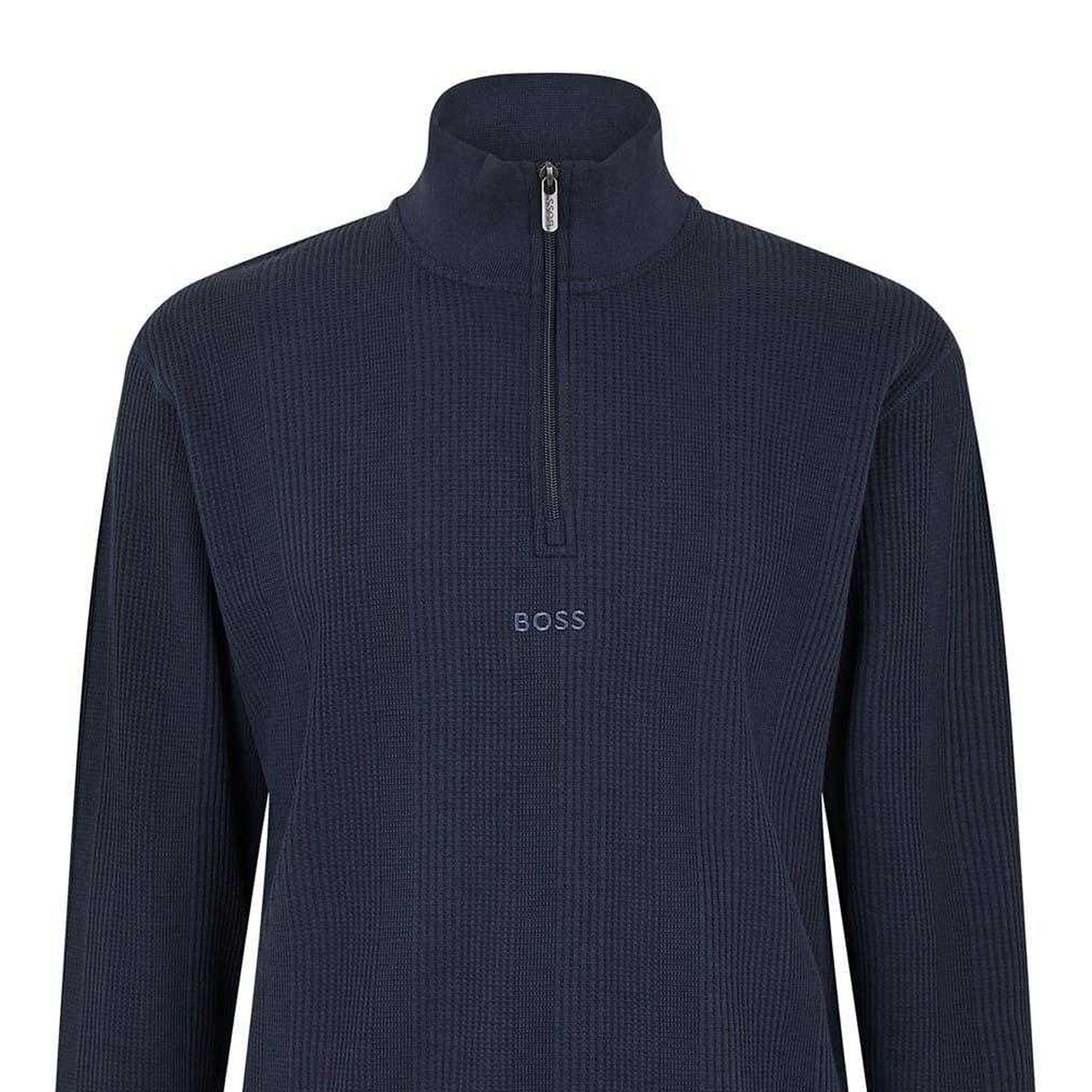 Dark Blue - Back - Boss Mens Waffle Quarter Zip Regular Sweatshirt