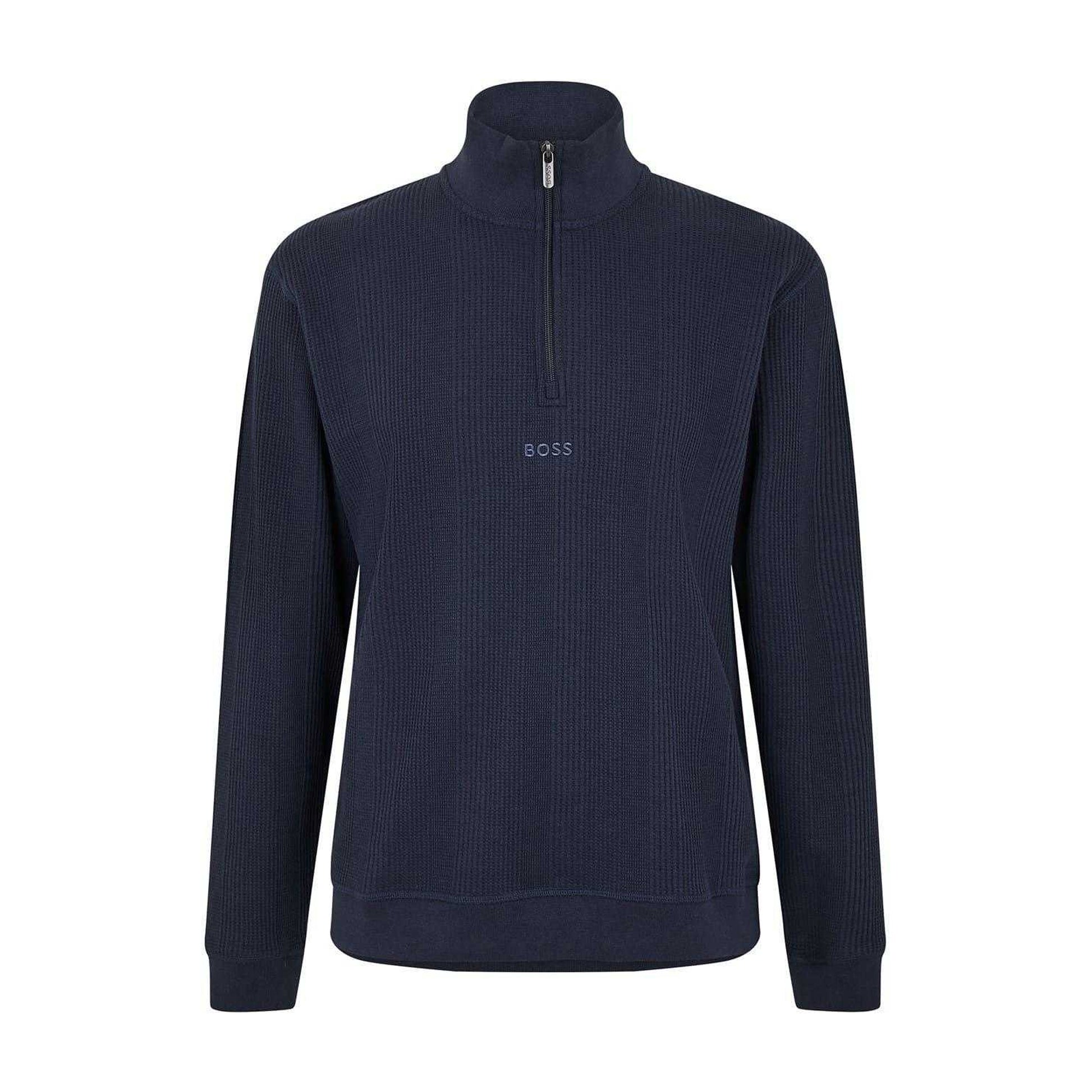 Dark Blue - Front - Boss Mens Waffle Quarter Zip Regular Sweatshirt